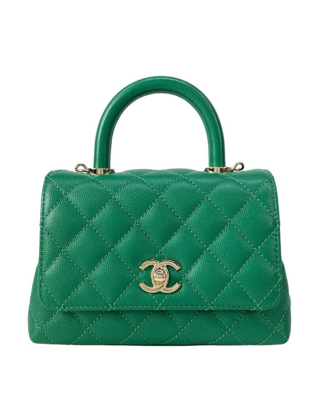 Chanel Handbag Top Handle Mini Flap Bag Coco XXS Quilted Green Silver